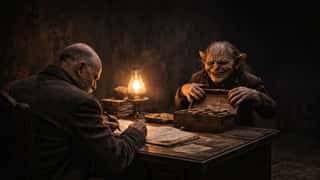 The goblin is sad and worried, he looks at his right and then he looks at the...