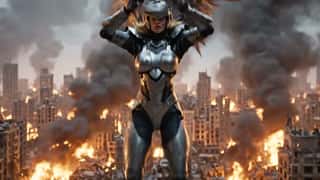 A warrior woman in intricate, battle-scarred metallic armor lowers her cyclon...