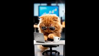 "A funny 8-second cinematic short of a fluffy orange cat wearing tiny sunglas...