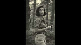 A vintage black-and-white film still: a poised young woman with a stylish 195...