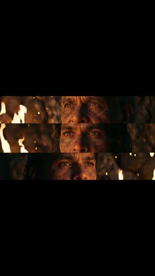 Close-up cinematic portraits of human faces glowing in firelight, eyes filled...