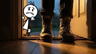 Slow-motion, cinematic medium shot. A pair of old, scuffed, and muddy work bo...
