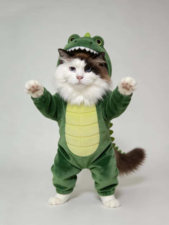 A hybrid creature combining dinosaur and cat features, fantastical and whimsical